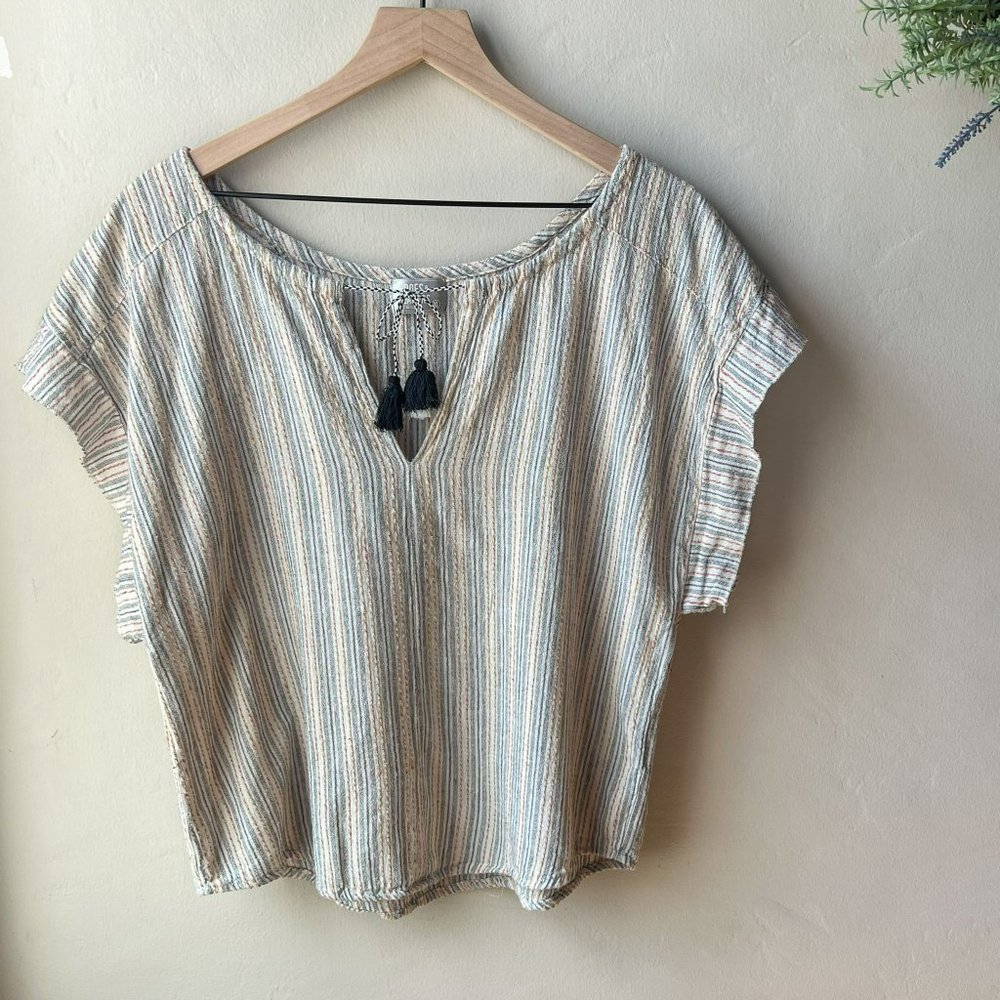 Heroes & Dreamers White Striped Embroidered Tassel Notch Neckline Blouse